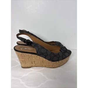 Coach Ferry Sz 8.5 Signature C Jacquard Cork Slingback Wedge Sandals Black Smoke